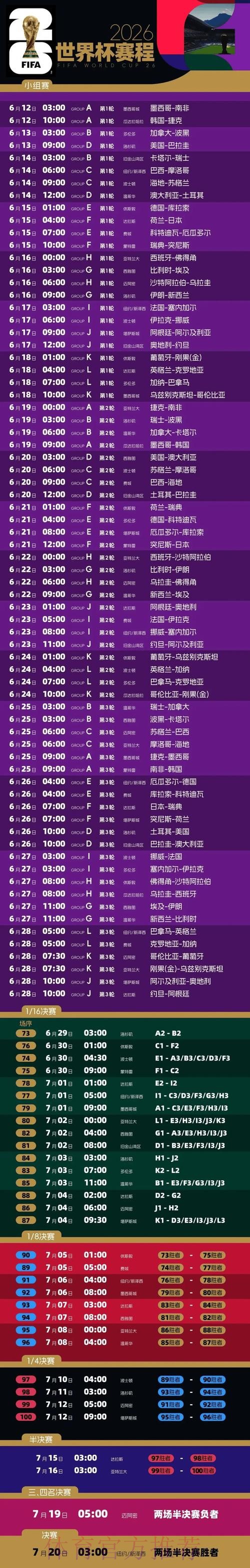 2026世界杯完整赛程高清版比赛时间表免费观看 2026世界杯完整赛程高清版比赛时间表免费观看